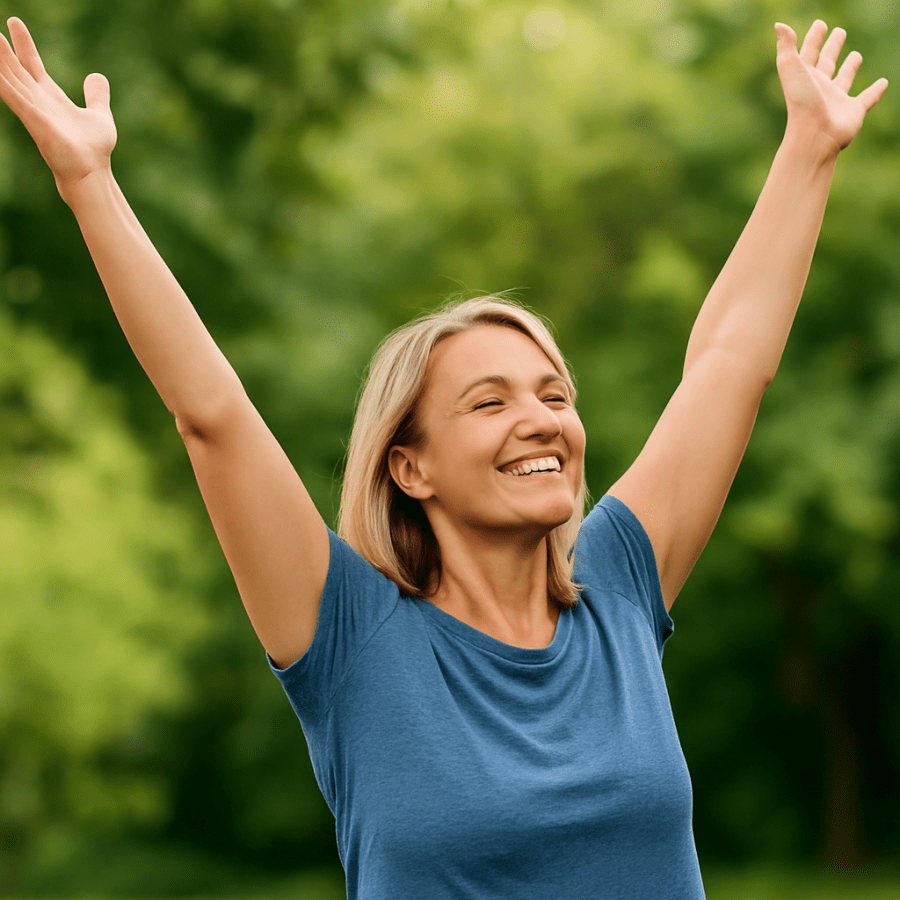 femme en pleine nature profitant d'un moment de bien-être à la ménopause