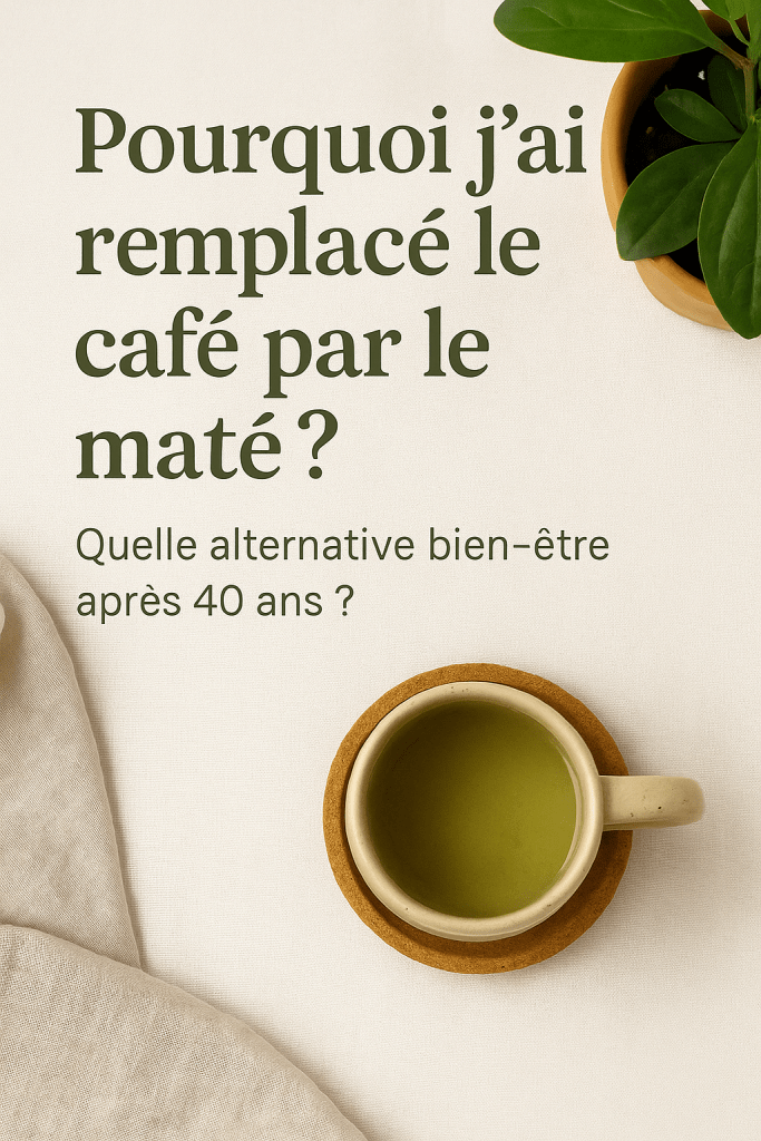 Visuel printerest expliquant pourquoi remplacer le café par le maté après 40 ans, énergie naturelle et bien-être féminin