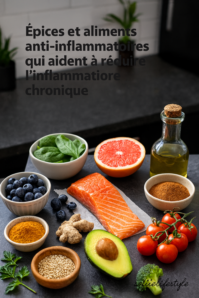 Vue lifestyle d'une sélection d'aliments anti-inflammatoires: fruits colorés, légumes verts, avocat, poissons, graines, chocolat noir et épices, présentés sur une table moderne et naturelle