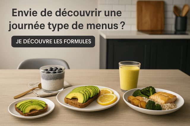 Vue d'ensemble d'une cuisine moderne et lumineuse avec une table dréssée mettant en avant une journée complète de menus anti-inflammatoires: petit déjeuner, déjeuner, collation et dîner, présentés de façon appétissante avec des aliments sains et colorés