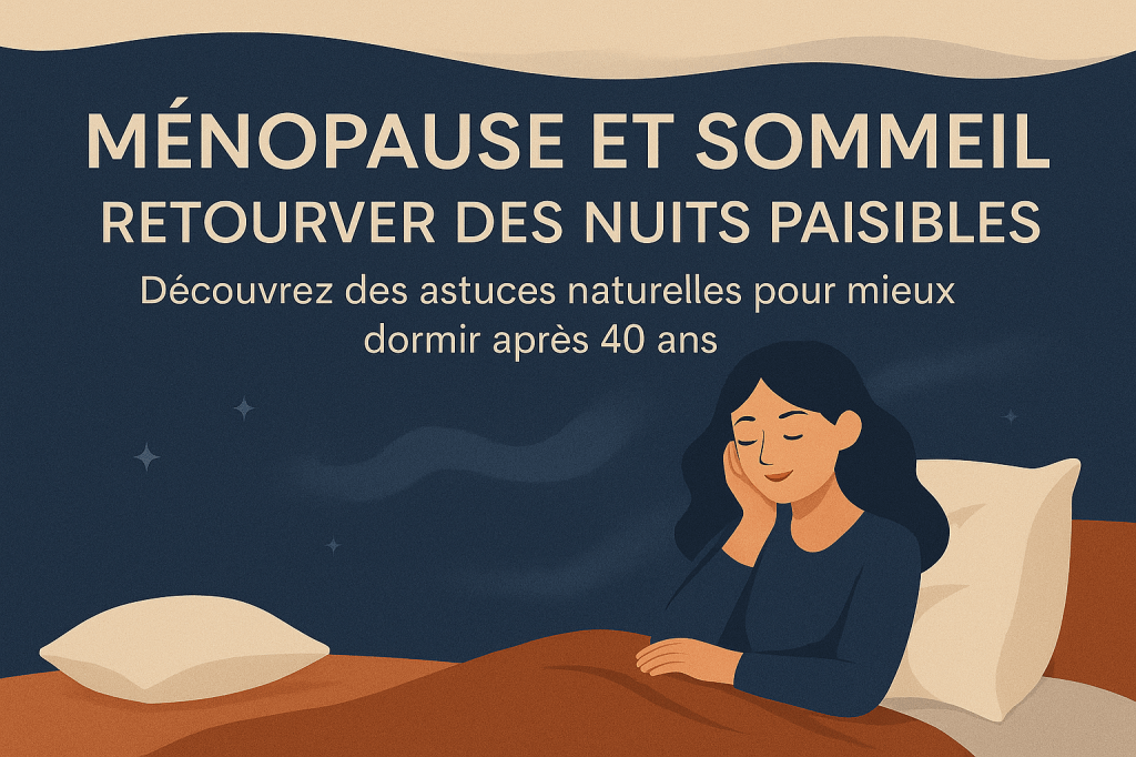 Visuel horizontal illustrant des conseils pour mieux vivre pendant la ménopause, avec une ambiance apaisante marine et beige