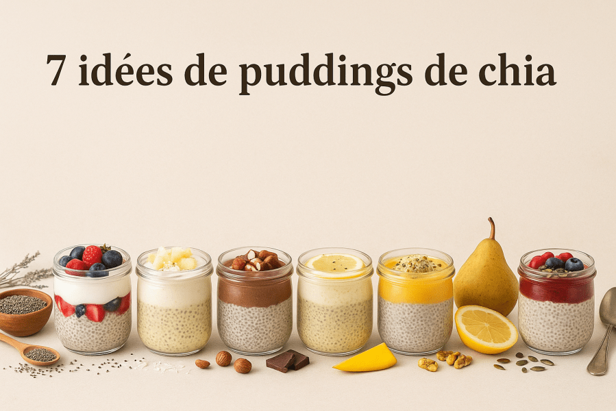 Ensemble de 7 verrines transparentes alignées contenant des puddings de chia variés: vanille, coco-ananas, cacao, citron, mangue, poire et fruits rouges, présentés sur fond beige avec décoration naturelle