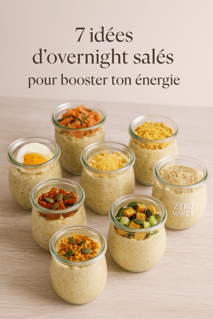 Photo de 7 overnights salés variés, riches en protéines pour femmes ménopausées, présentés dans des bocaux en verre