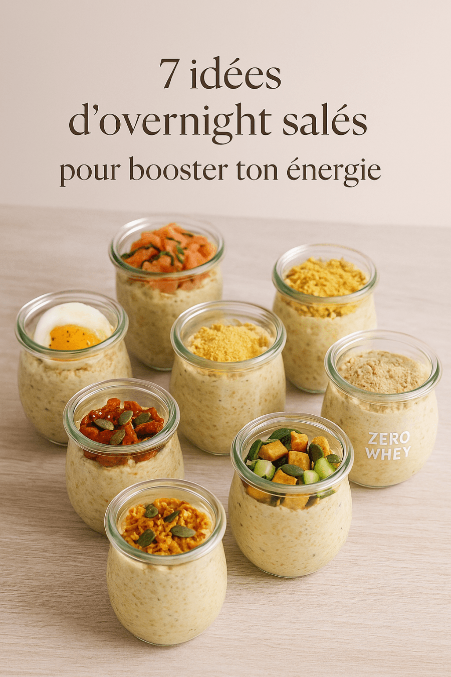 Photo de 7 overnights salés variés, riches en protéines pour femmes ménopausées, présentés dans des bocaux en verre