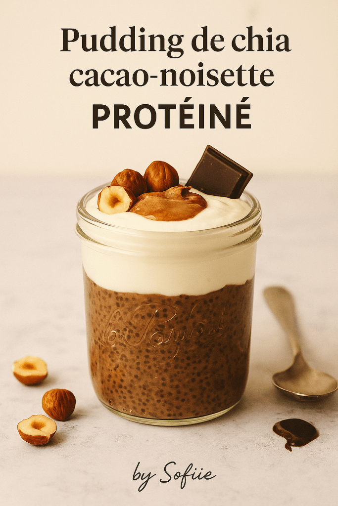verrine réaliste du pudding de chia au cacao avec yaourt grec, noisettes concassées et carré de chocolat noir