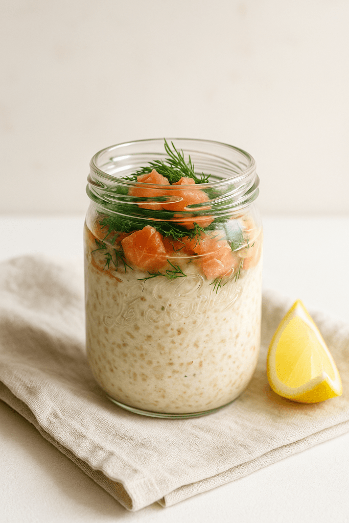 Recette d'overnight salé au saumon fumé et aneth, adaptée aux femmes ménopausées pour un apport optimal en protéines