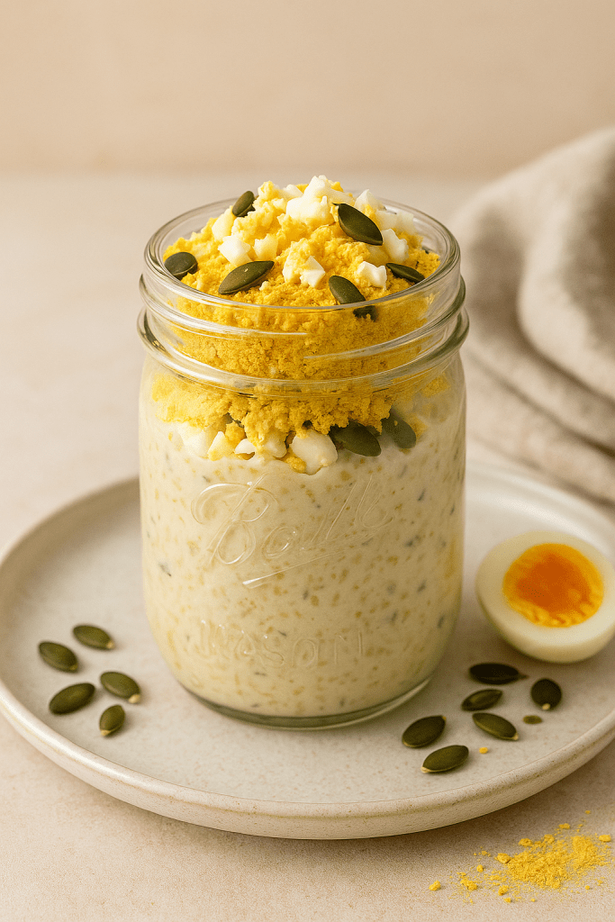 Overnight riche en protéines aux oeufs durs, curry doux et graines, idéal pour les femmes en période de ménopause