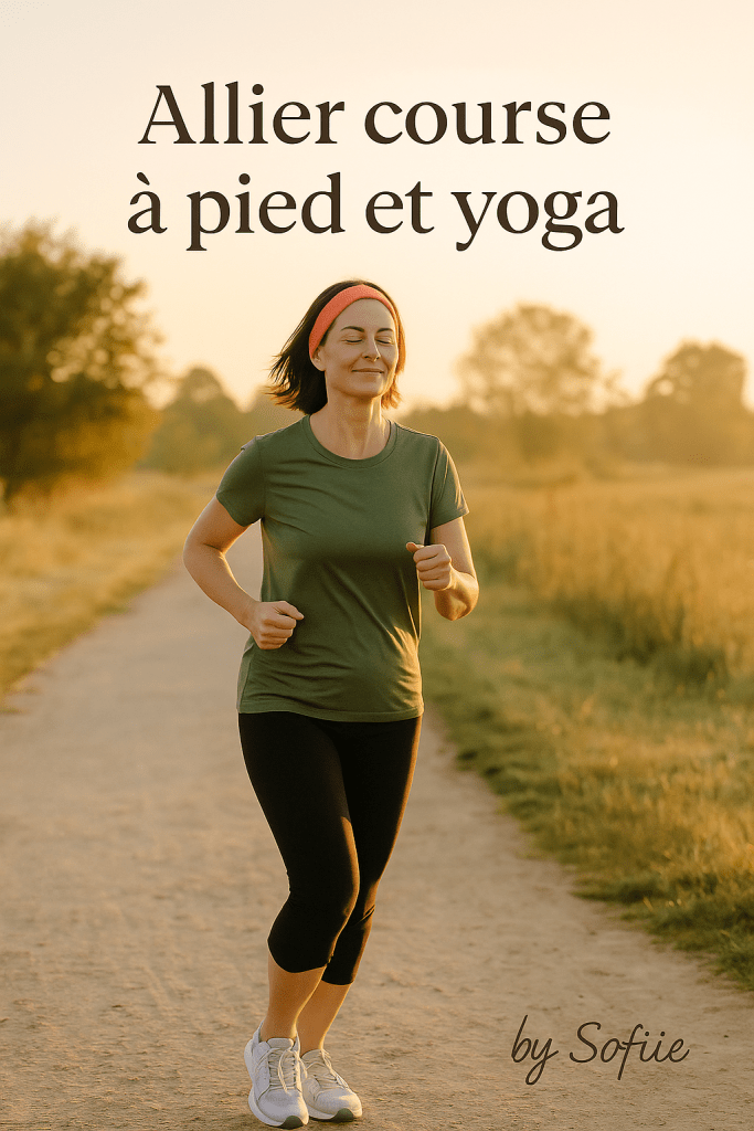 Femme de plus de 40 ans souriante courant dans un paysage naturel au lever du soleil, symbolisant les bienfaits de l'activité douce comme la course à pied combinée au yoga pour préserver la masse musculaire pendant la ménopause_ visuel by Sofiie