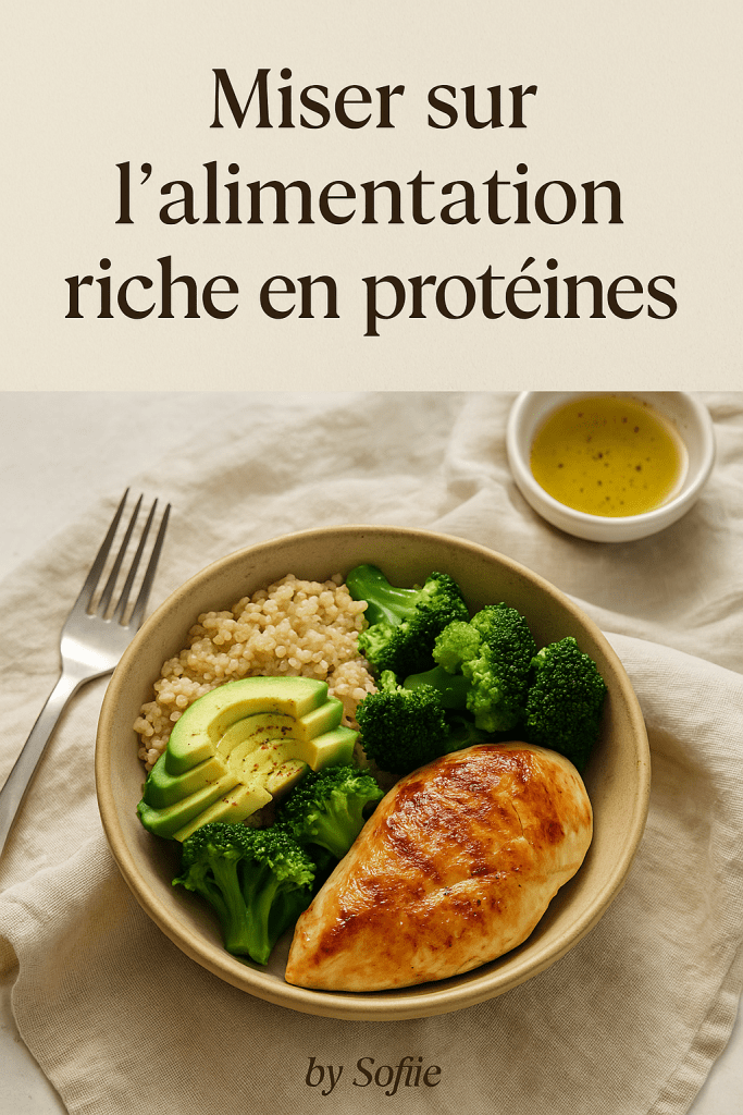 Assiette équilibrée avec quinoa, brocoli, avocat et filet de poulet, représentant une alimentation riche en protéines idéale pour les femmes ménopausées souhaitant préserver leur masse musculaire.