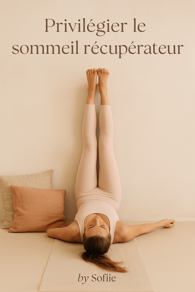 Femme allongée en posture Viparita Karani, jambes contre le mur, dans une ambiance apaisante, illustrant une technique de relaxation favorisant le sommeil profond chez les femmes de plus de 40 ans