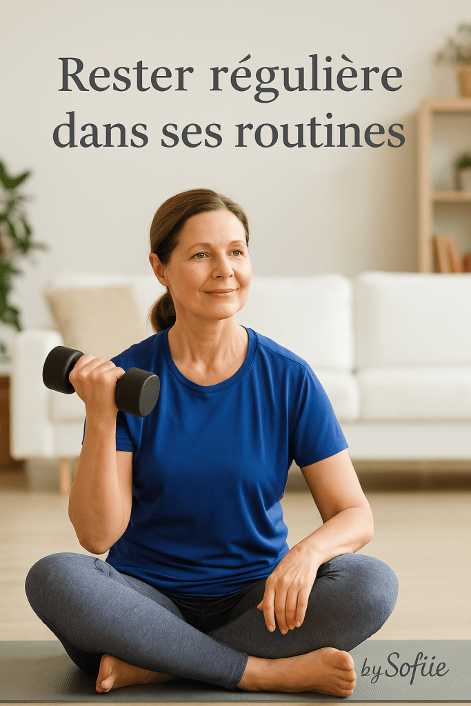 Femme de plus de 40 ans assise en tenue de sport, effectuant un exercice avec haltère dans son salon, illustrant l'importance de maintenir une routine régulière pour préserver sa masse musculaire à la ménopause