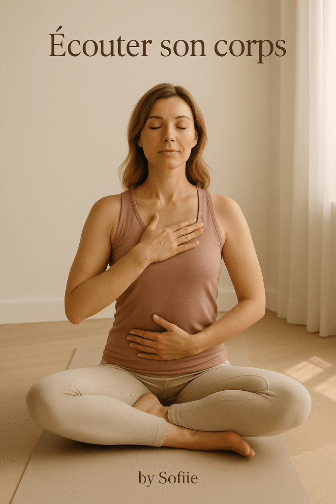 Femme assise en posture de médiation, les yeux fermés, une main sur la poitrine et l'autre sur le ventre, illustrant l'importance de l'écoute de son corps et de la respiration consciente chez les femmes en péri-ménopause pour préserver leur équilibre physique et émotionnel