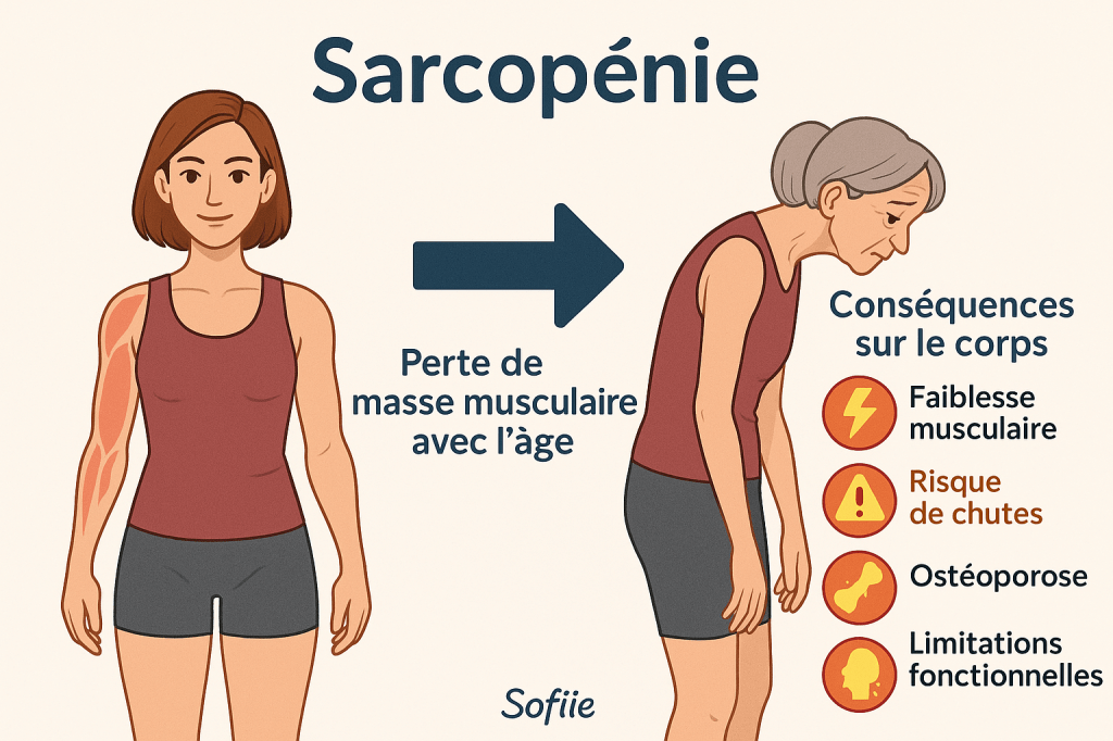 Infographie montrant la perte de masse musculaire avec l'âge chez la femme, comparant une femme jeune à une femme en posture voûtée, avec les conséquences visibles de la sarcopénie: faiblesse musculaire, risques de chutes, ostéoporose et limitations fonctionnelles