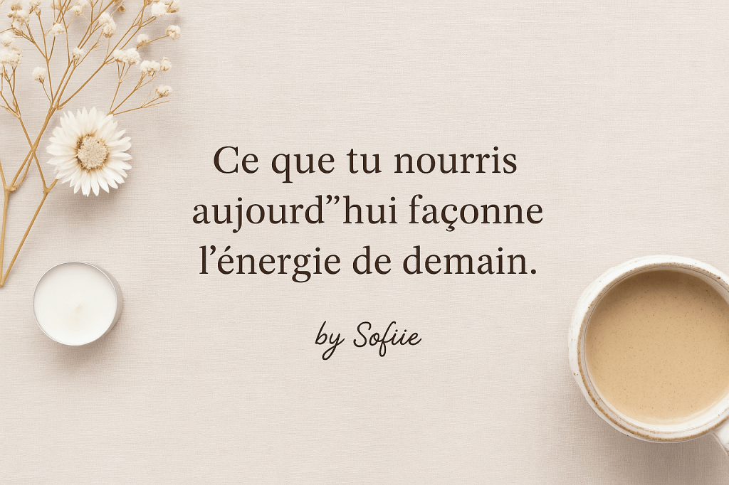 Bannière inspirante avec ciation " Ce que tu nourris aujourd'hui façonne l'énergie de demain", accompagnée d'une tasse de café, d'une bougie et de fleurs séchées, dans un décor épuré et naturel