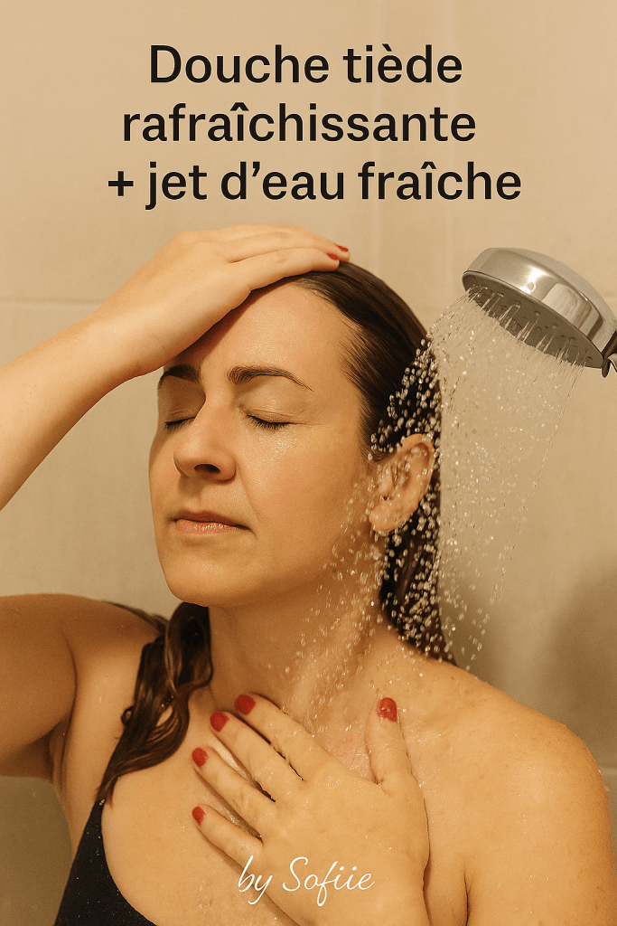 femme les yeux fermés sous la douche, recevant un jet d'eau fraîche sur le visage, symbole de soulagement immédiat des bouffées de chaleur