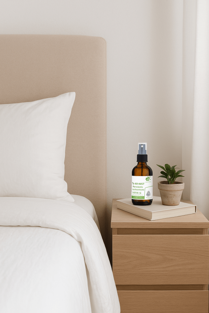 Spray mentholé posé sur une table de nuit dans une chambre contemporaine aux tons beiges