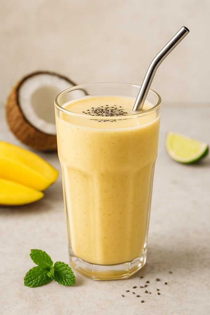 Smoothie mangue et lait de coco protéiné avec graines de chia