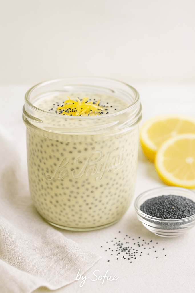 Verrine de pudding de chia au citron frais et zeste, graines de pavot, sur fond clair minimaliste