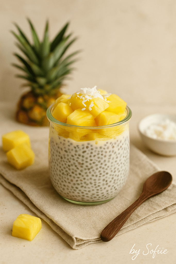 Verrine de pudding de chia à la coco, tofu soyeux et morceaux d'ananas, décorée d'un supçon de noix de coco râpée