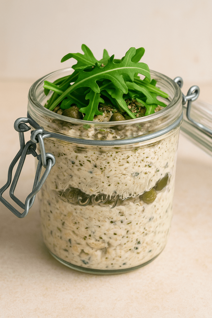 Recette protéinée d'overnight au thon, câpres et herbes de provence, conçue pour les femmes ménopausées actives