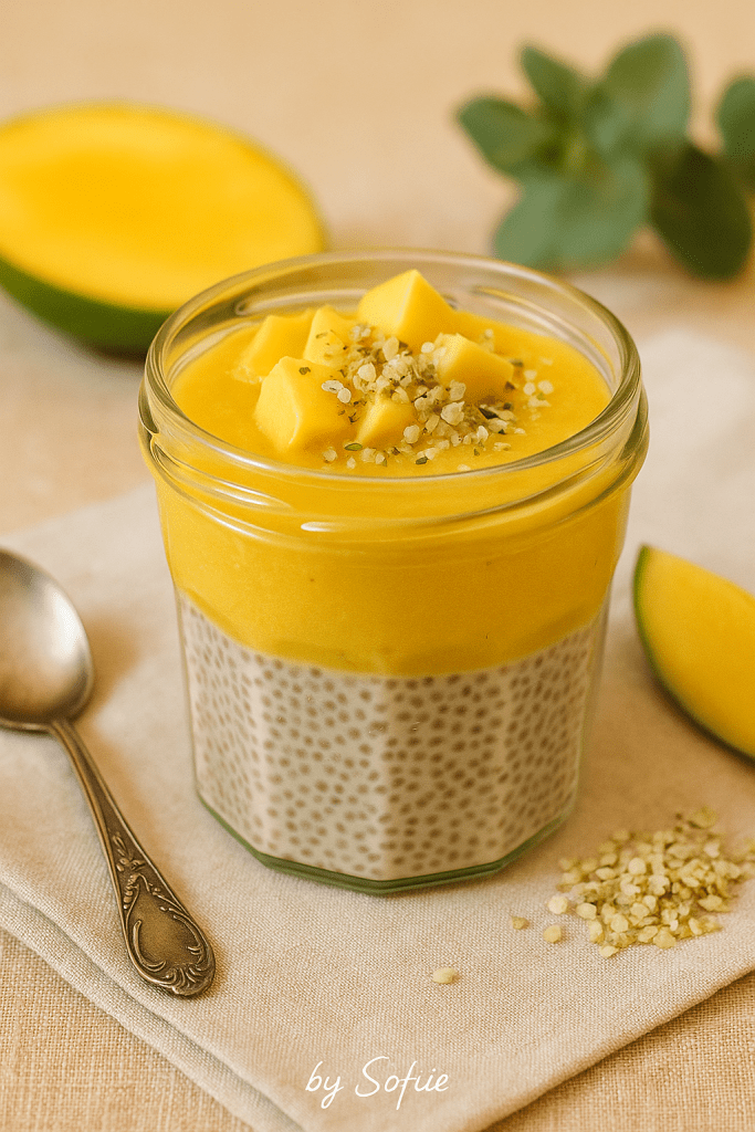 Verrine en couches à base chia, purée de mangue et topping aux graines de chanvre sur fond beige ensoleillé