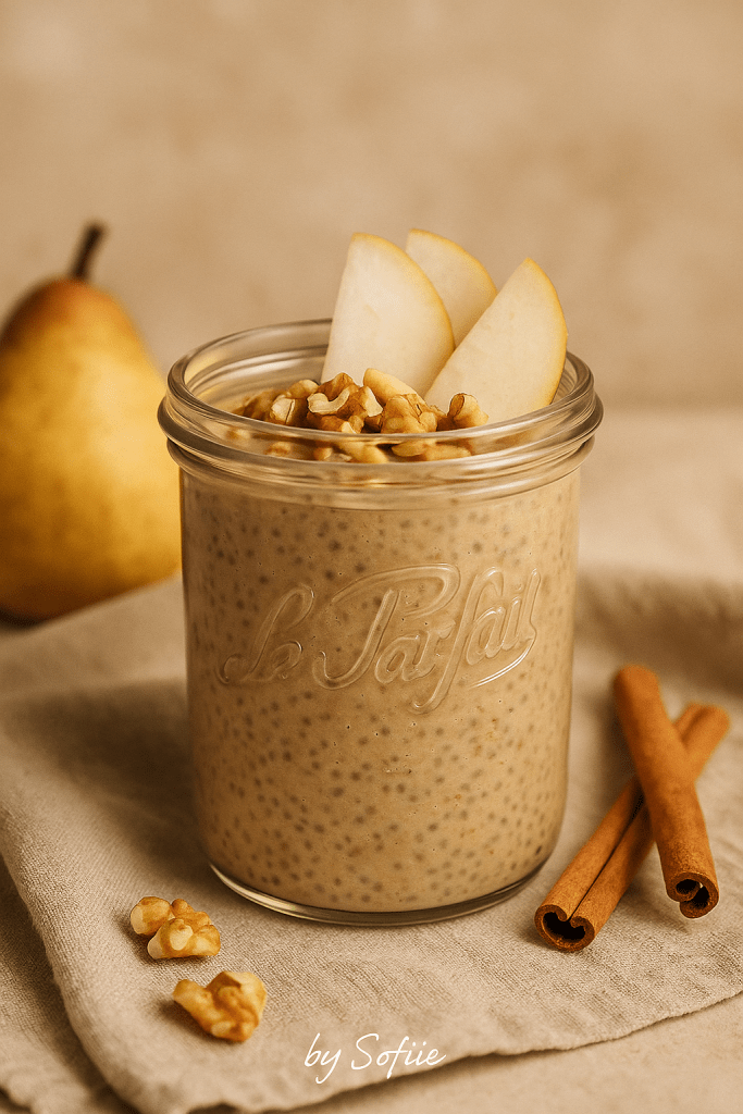 Verrine automnale de pudding protéiné aux morceaux de poire, cannelle et éclats de noix