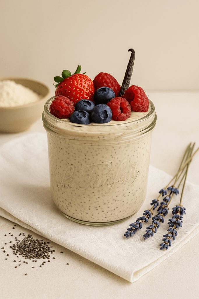 Pudding de chia protéiné présenté dans un bocal le parfait, garni de fraises, framboises et myrtilles, sur fond naturel avec graines de chia et lavande séchée. Petit déjeuner équilibré idéal pour femmes de plus de 40 ans