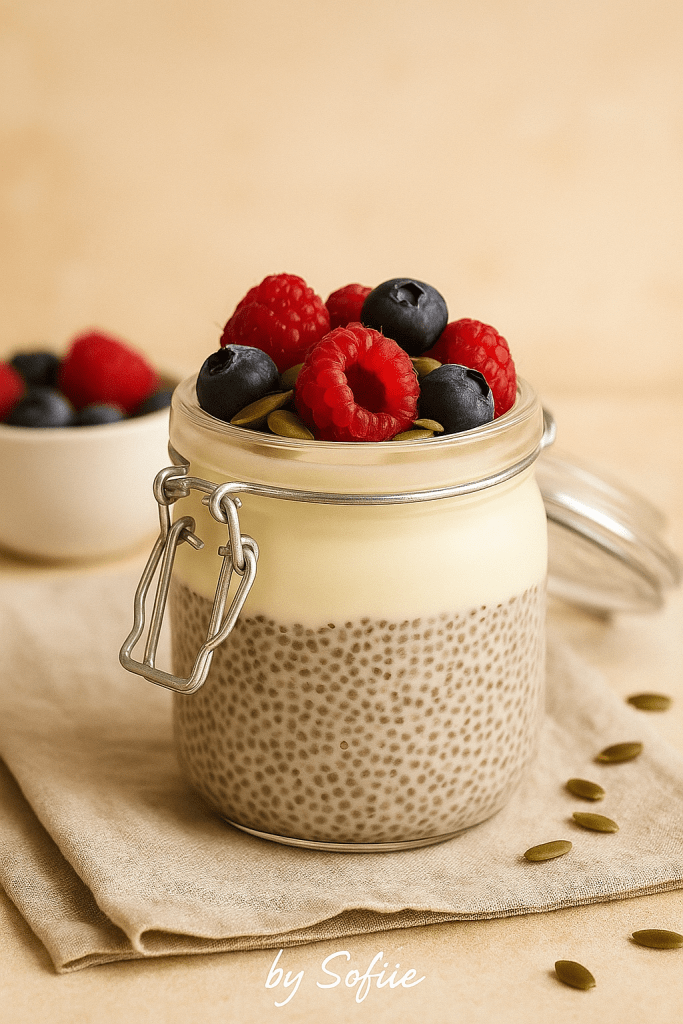 Verrine de chia au skyr et fruits rouges, garnie de graines de courge, présentée sur fond clair avec ambiance zen