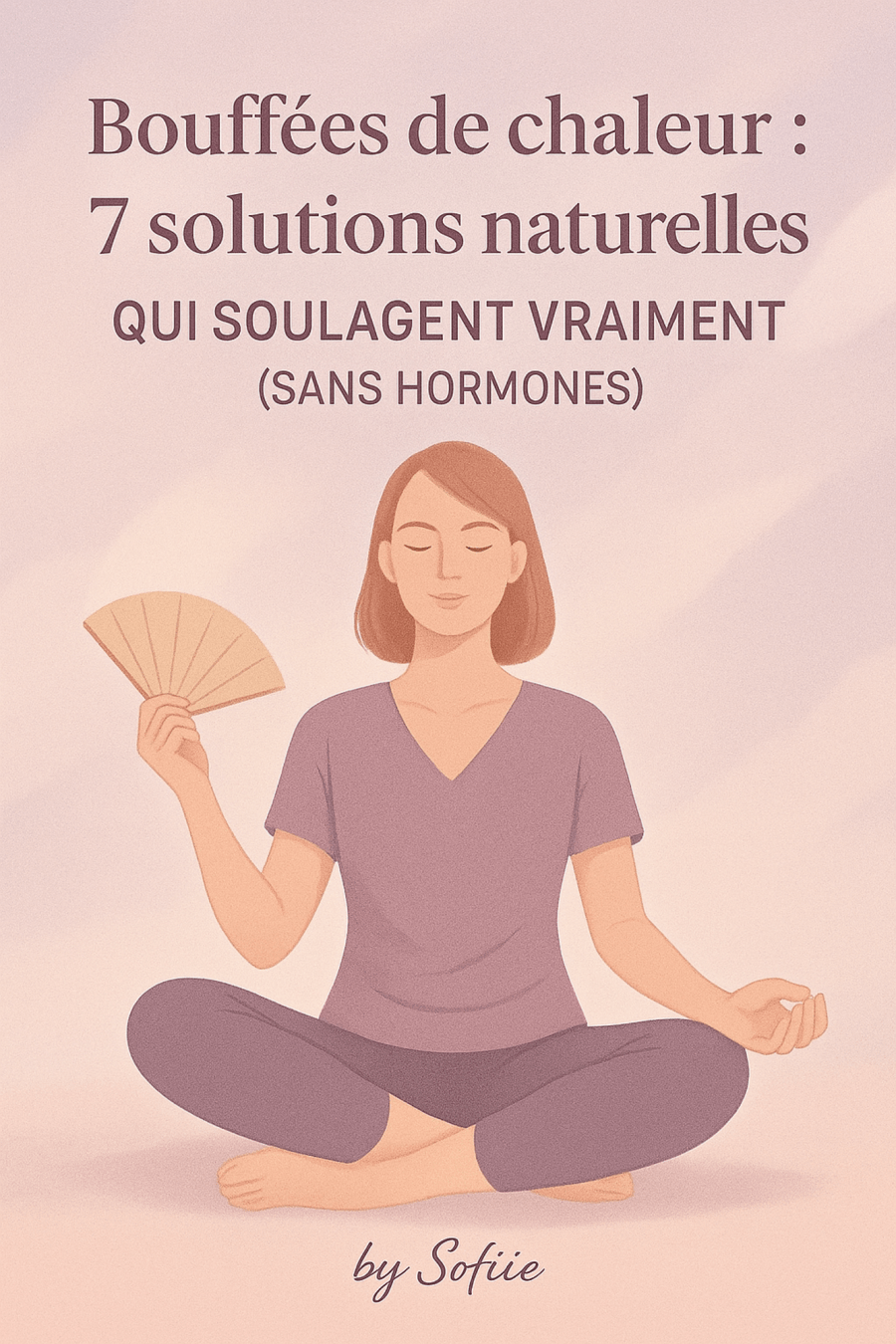 femme aux traits fatigués tenat un éventail, représentant une bouffée de chaleur typique de la ménopause, sur fond clair et stylisé