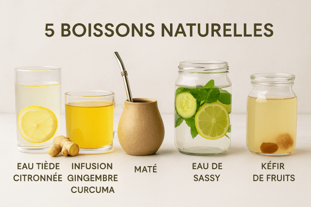 Cinq boissons naturelles pour le bien-être digestif à la ménopause: eau tiède citronnée, infusion gingembre curcuma, maté, eau de Sassy, Kéfir de fruits