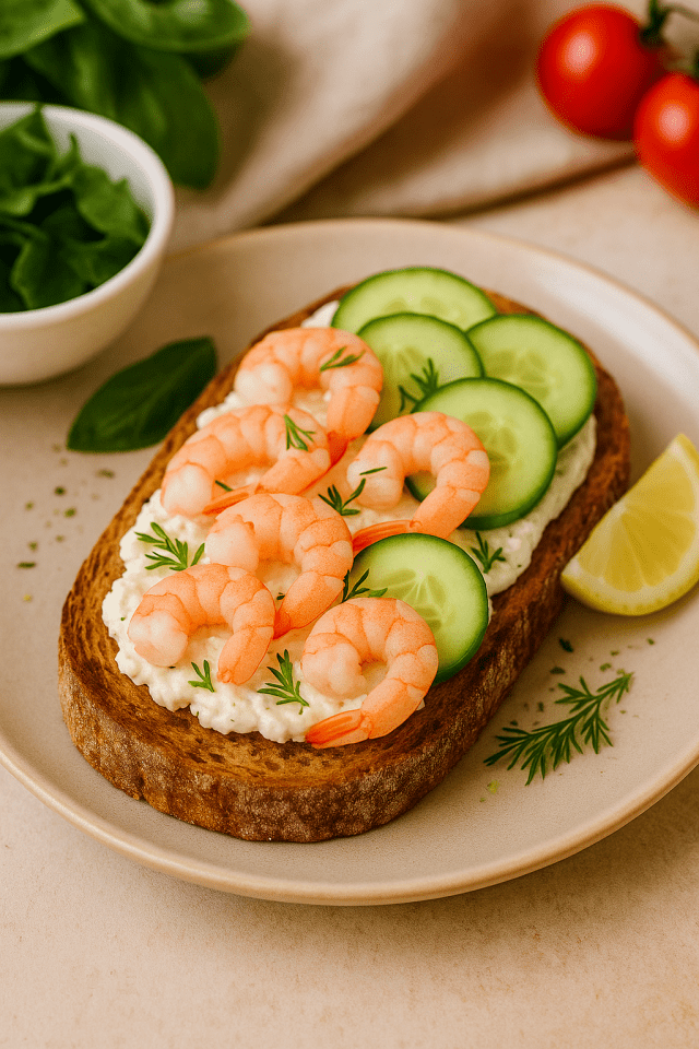 Tartine d'été avec crevettes roses, fromage frais citronnée et rondelles de concombre sur pain grillé - Recette protéinée et rafraîchissante 