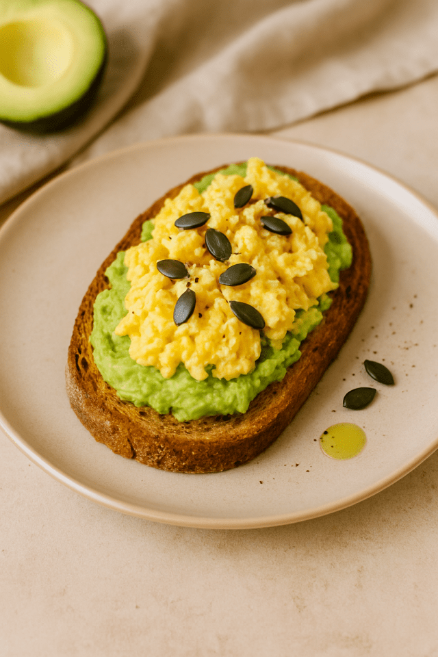 Tartine protéinée sur pain complet avec purée d'avocat, oeufs brouillés au curcuma et graines de courge - recette rapide et nourrissante