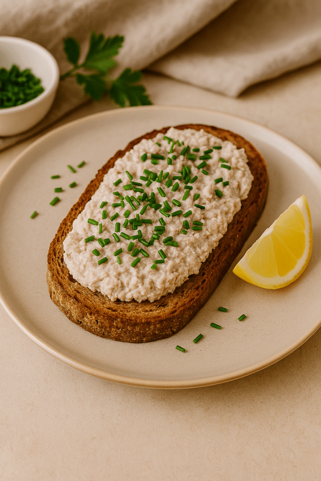 Tartine protéinée avec rillettes de thon, ricotta et ciboulette sur pain complet- recette légère et rapide