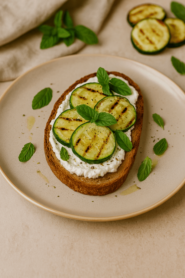 tartine estivale végétarienne garnie de fromage de chèvre frais, rondelles de courgettes grillées et feuilles de menthe sur pain aux céréales