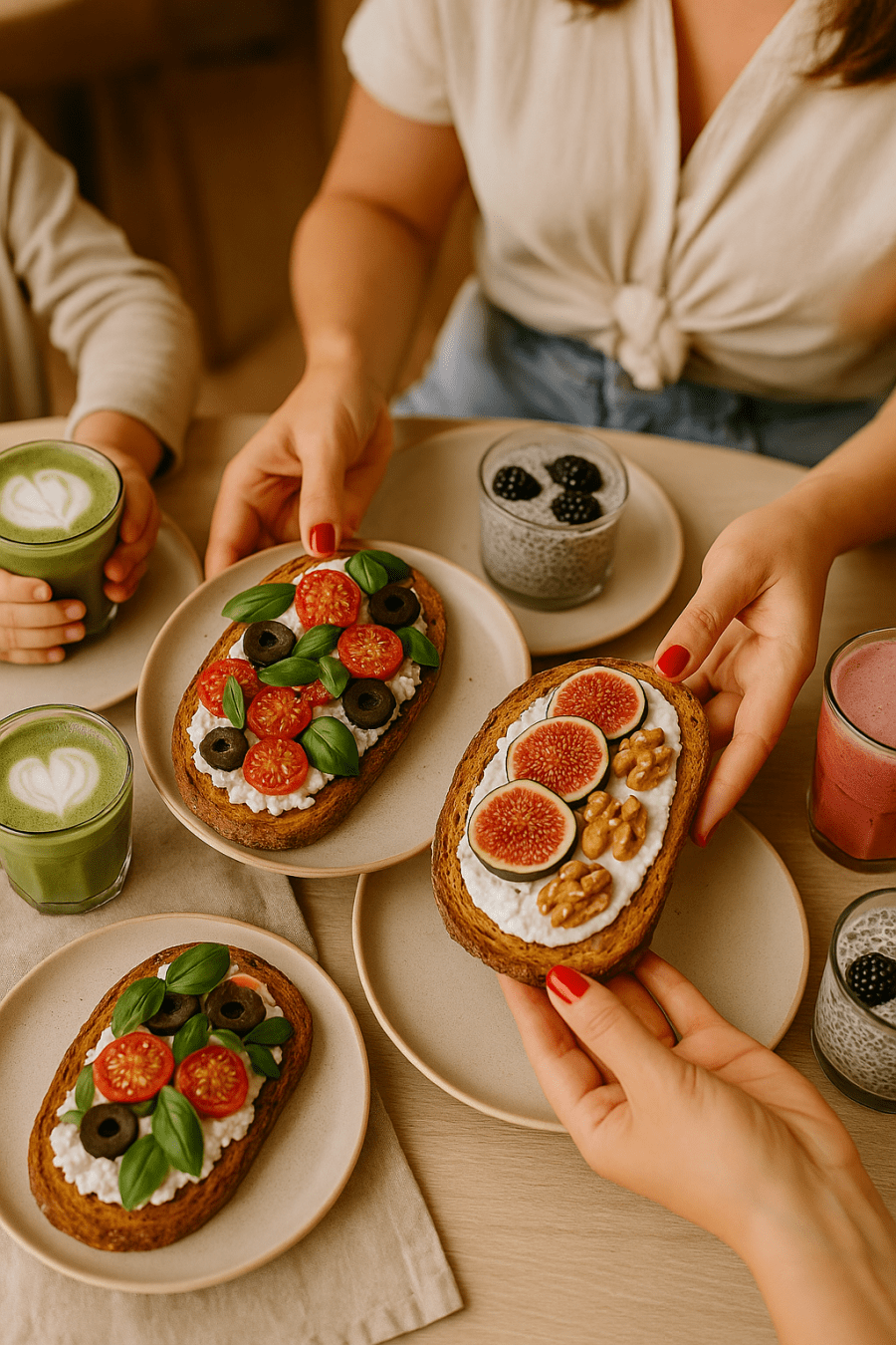 Vue du dessus d'un brunch maison sain et familial: tartines méditerranéenne tartine ricotta figues, matcha latte, pudding de chia à la coco et smoothies, sur une table en bois clair,