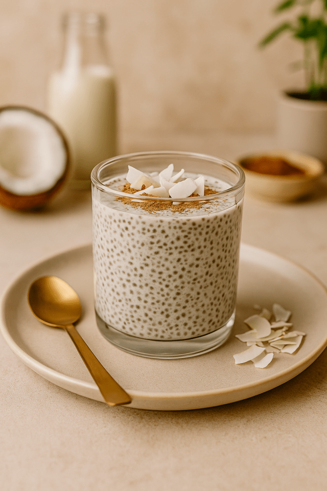 Dessert healthy dans un bocal: pudding de chia à la vanille et lait de coco, copeux de coco sur le dessus, posé sur une table en bois clair