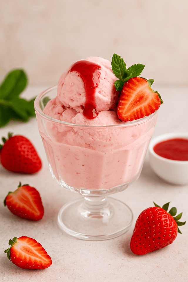 Glace protéinée cheesecake fraise réalisée avec la ninja creami, servie dans une coupe transparente, décorée de fraises fraîches et de menthe