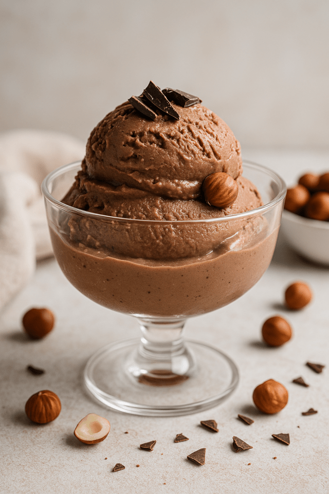 Glace protéinée choco-nisette servie dans une coupe en verre, décorée de noisettes entières et copeaux de chocolat, réalisée avec la Ninja creami