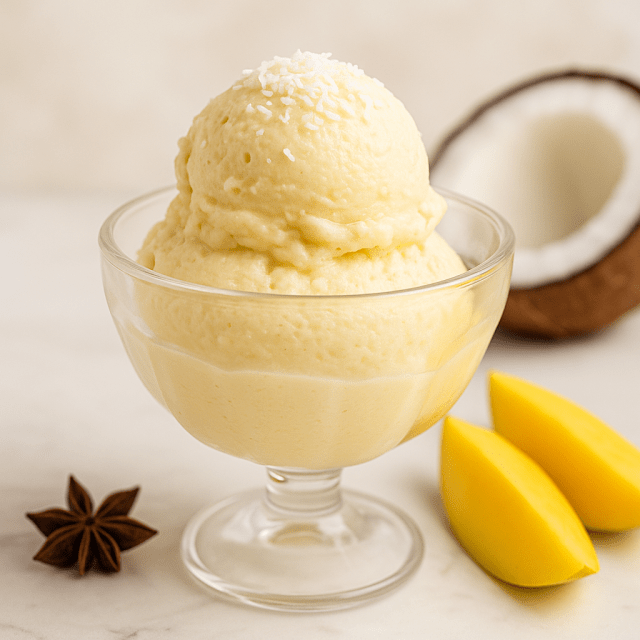 Glace coco mangue protéinée réalisée avec la Ninja creami, servie dans une coupe transparente, décorée de noix de coco râpée, mangue fraîche et demi-noix de coco