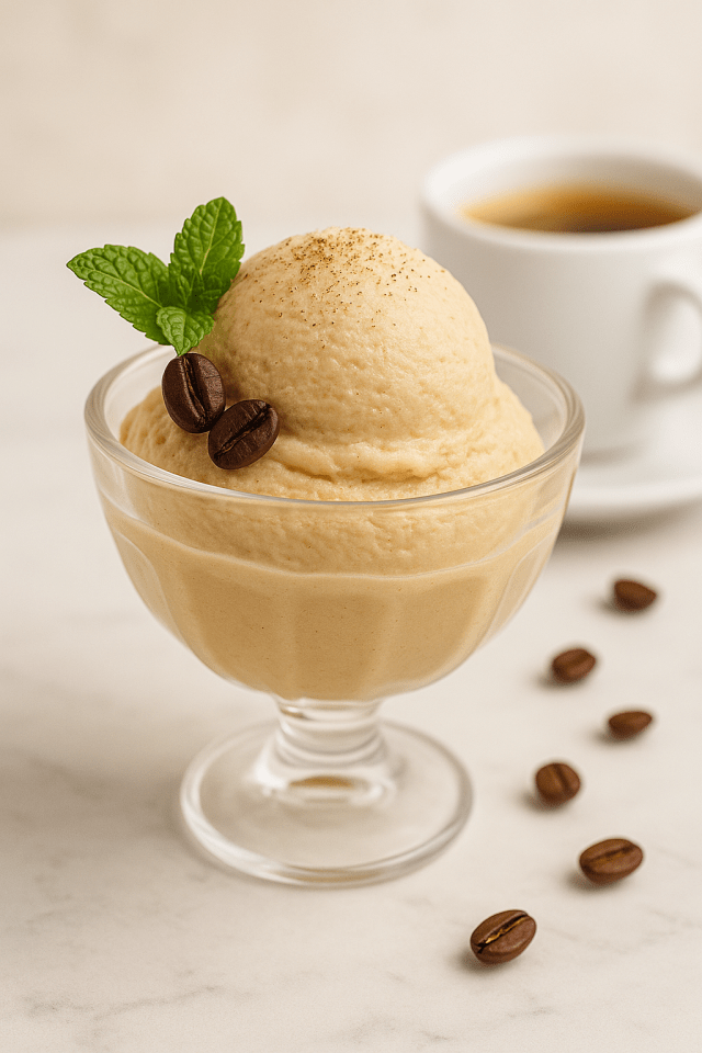 Glace protéinée café latté réalisée avec la Ninja creami, servie dans une coupe en verre, décorée de grains de café, d'un nuage de canelle et de feuilles de menthe