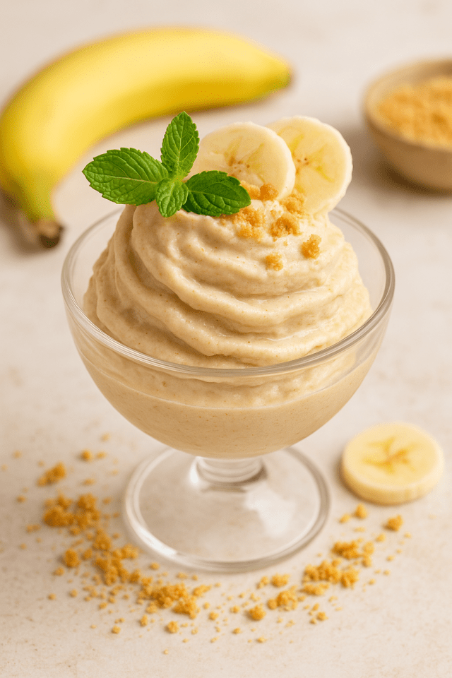Glace protéinée goût banofee à base de banane, servie dans une coupe en verre, décorée de rondelles de banane, miettes croustillantes et feuilles de menthe