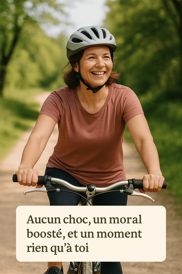 femme épanouie à vélo, illustrant les bienfaits physiques et mentaux du cyclisme à la ménopause