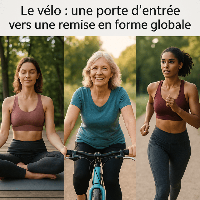 Trois femmes pratiquant différentes activités physiques : yoga, vélo et course à pied, illustrant une routine bien-être globale pour les femmes après 40 ans