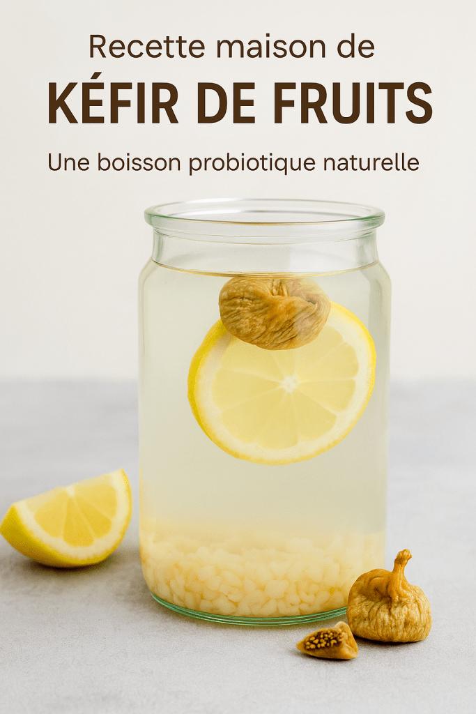 Jarre en verre remplie de kéfir de fruits maison, avec citron et figue sèche visibles sur fond clair _ Boisson probiotique naturelle pour améliorer la digestion après 40 ans
