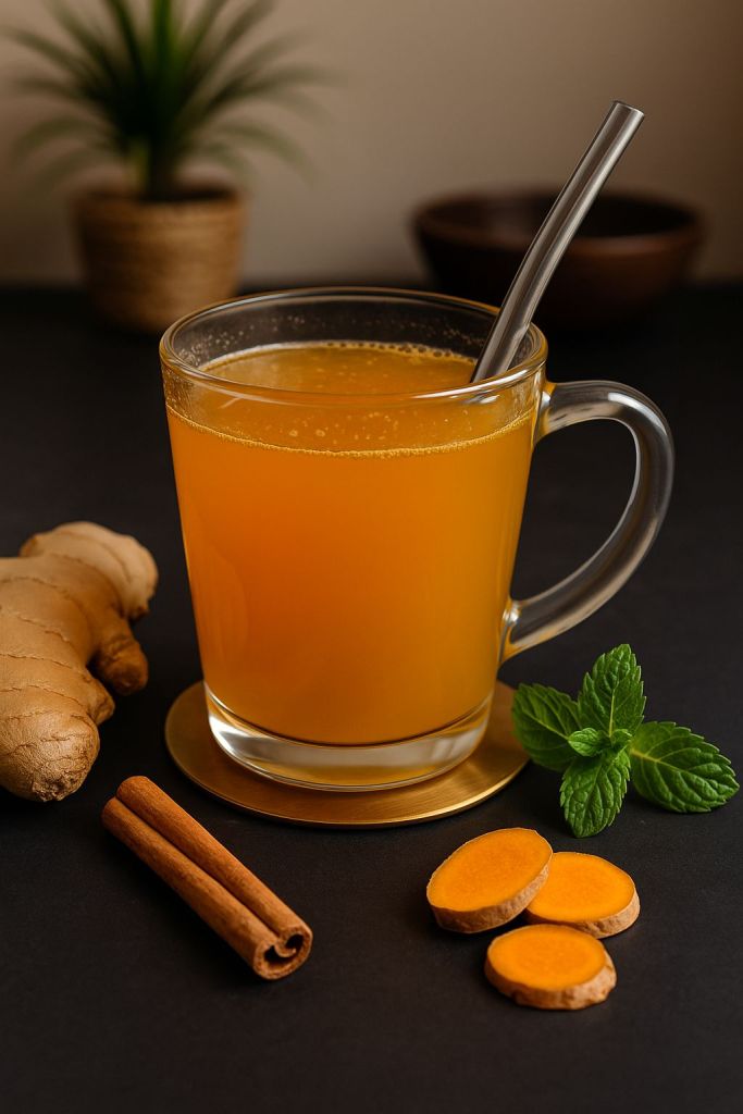 Infusion gingembre curcuma dans un mug transparent sur fond noir. Infusion anti-inflammatoire pour soulager les symptômes de la ménopause