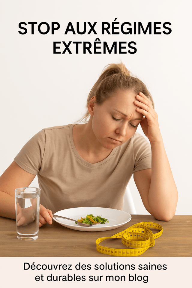 Femme de plus de 40 ans fatiguée par les régimes avec message " STOP aux régimes extrêmes" image de sensibilisation bien-être et alimentation équilibrée