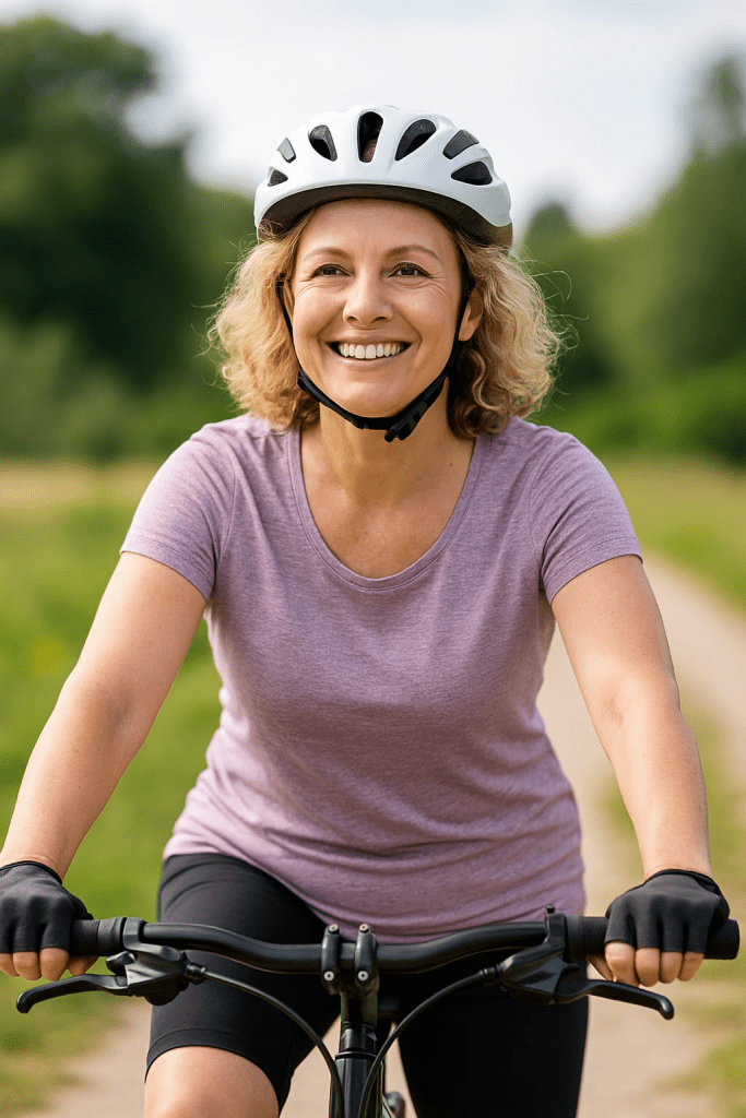 Femme souriante en balade à vélo sur un chemin naturel, illustrant une alternative bien-être à la course à pied