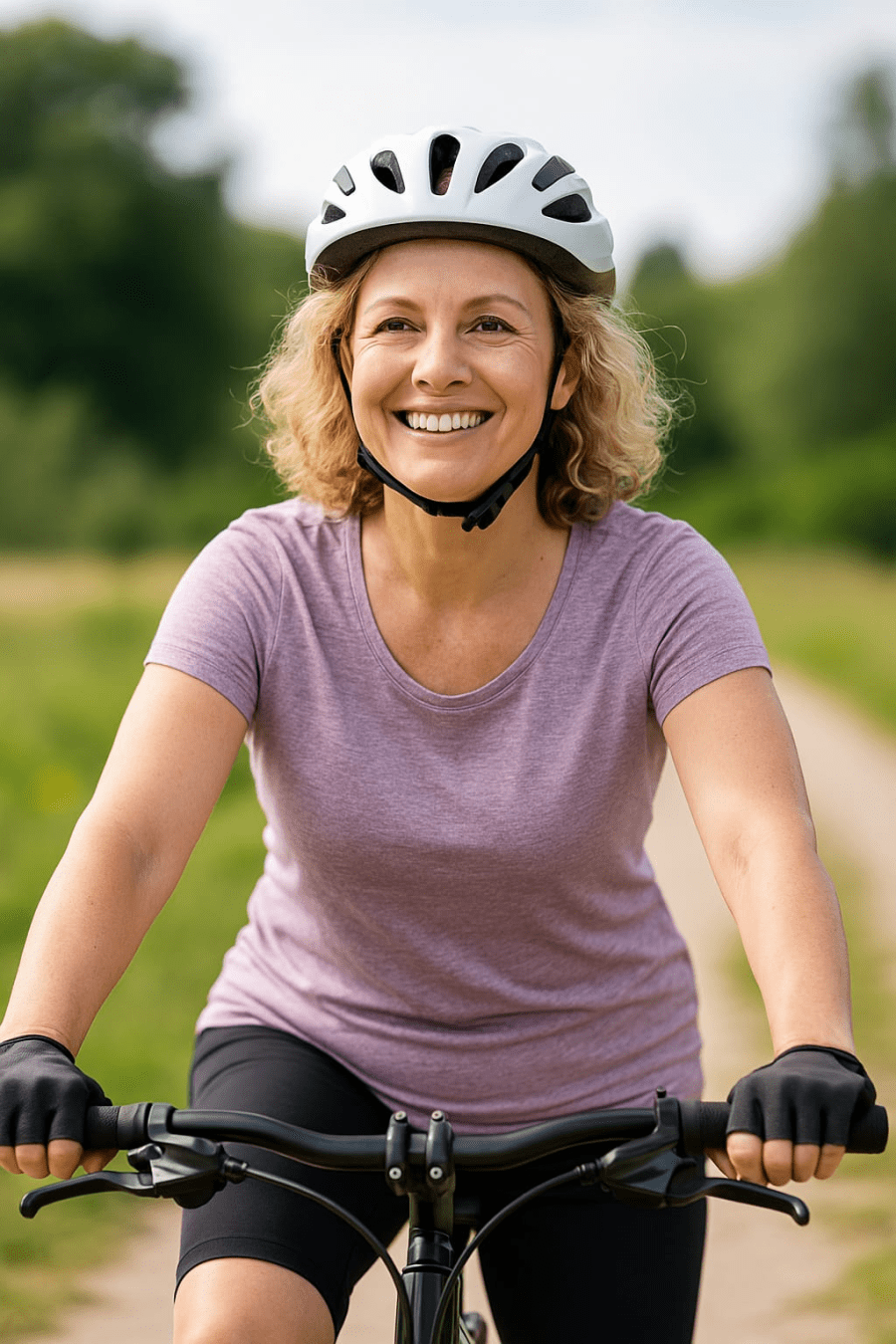 Femme souriante en balade à vélo sur un chemin naturel, illustrant une alternative bien-être à la course à pied