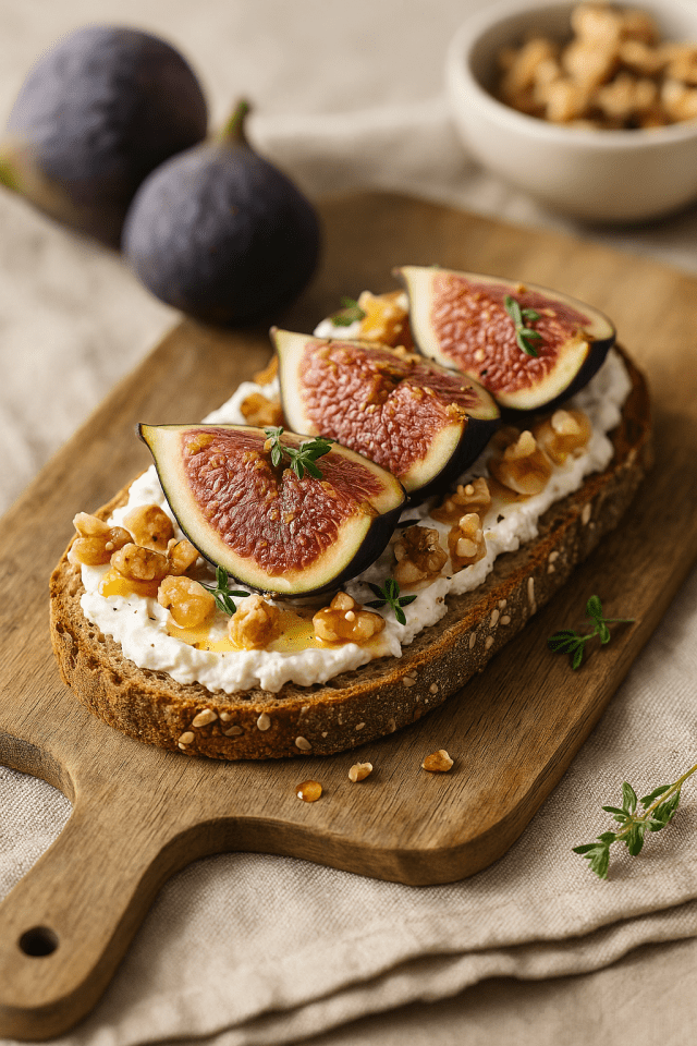 Tartine protéinée à la ricotta, figue fraîche et noix concassées, servie sur du pain auxx noix_ Recette d'été saine et rapide