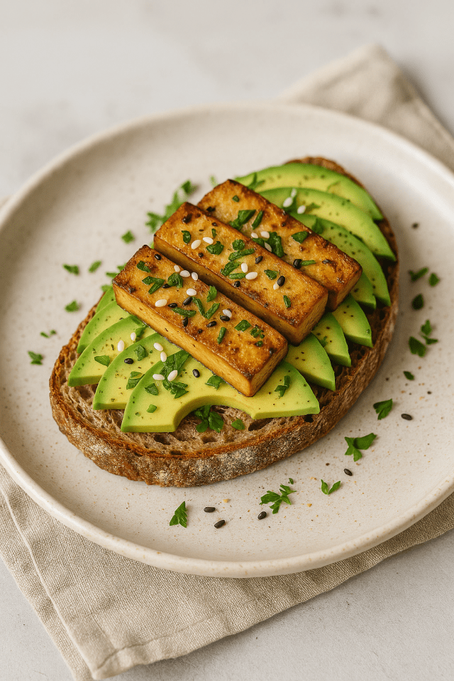 Tartine végétarienne à base de tofu grillé, avocat tranché, graines de sésame - Recette protéinée pour l'été